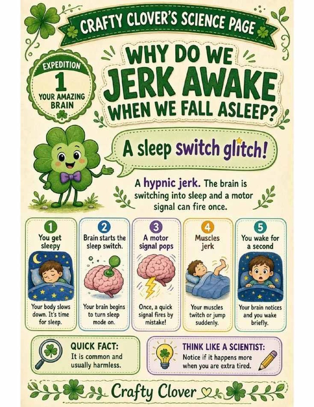 Illustrated page from A Million Whys Book 2 titled Why Do We Jerk Awake When We Fall Asleep, with Crafty Clover.