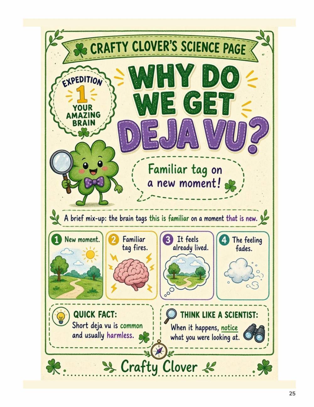 Illustrated page from A Million Whys Book 2 titled Why Do We Get Deja Vu, with Crafty Clover.