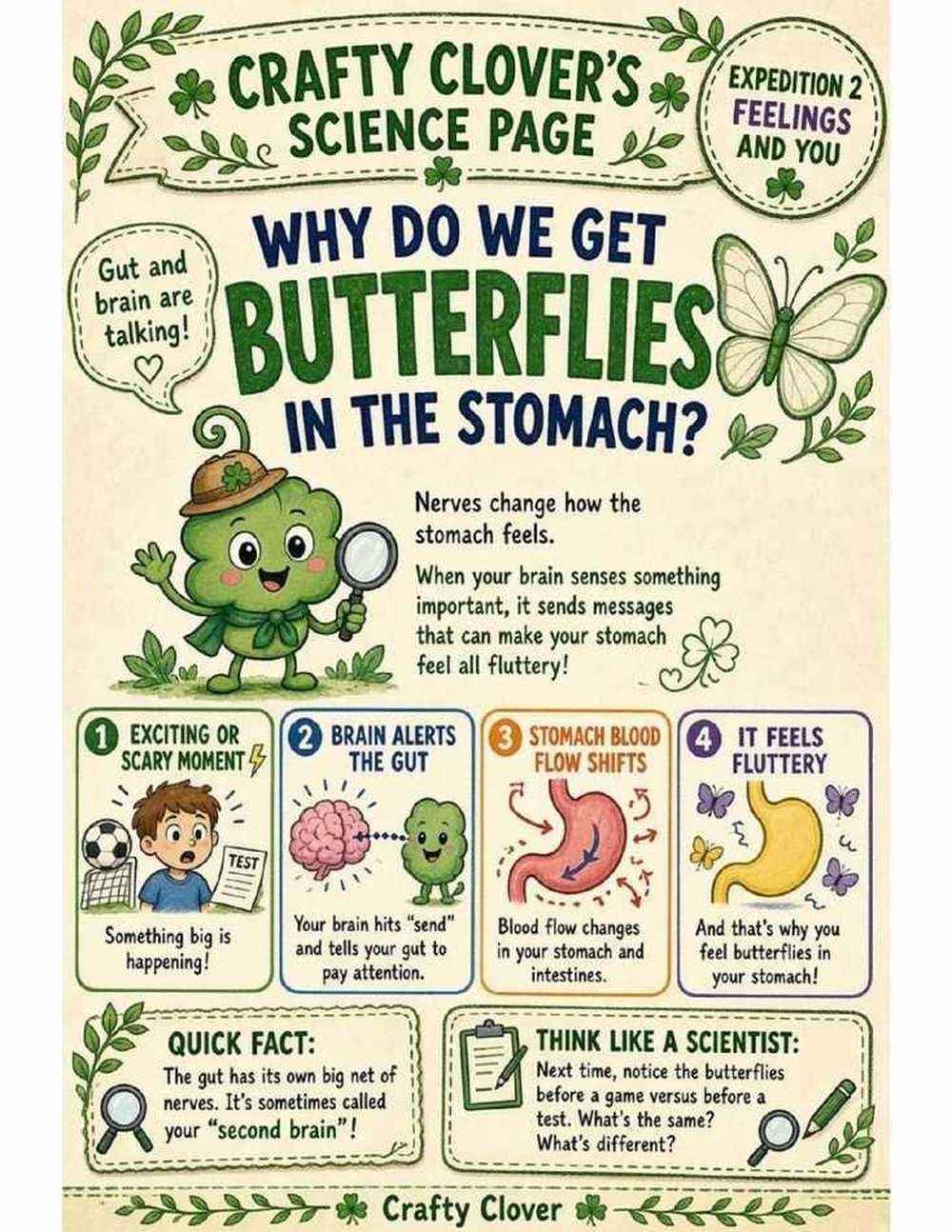 Illustrated page from A Million Whys Book 2 titled Why Do We Get Butterflies in the Stomach, with Crafty Clover.