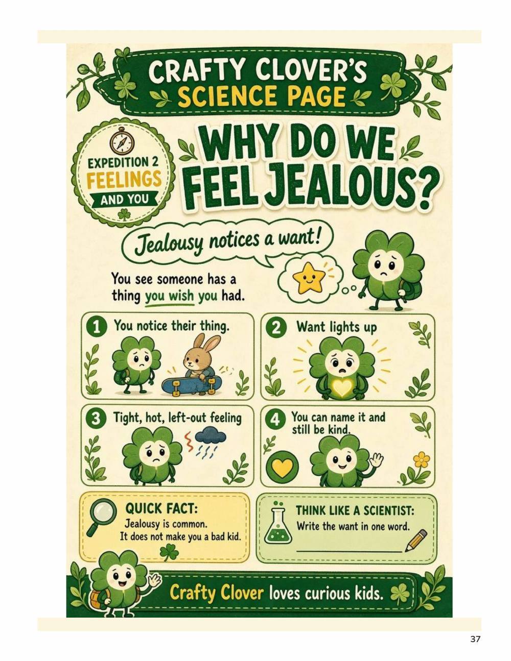 Illustrated page from A Million Whys Book 2 titled Why Do We Feel Jealous, with Crafty Clover.