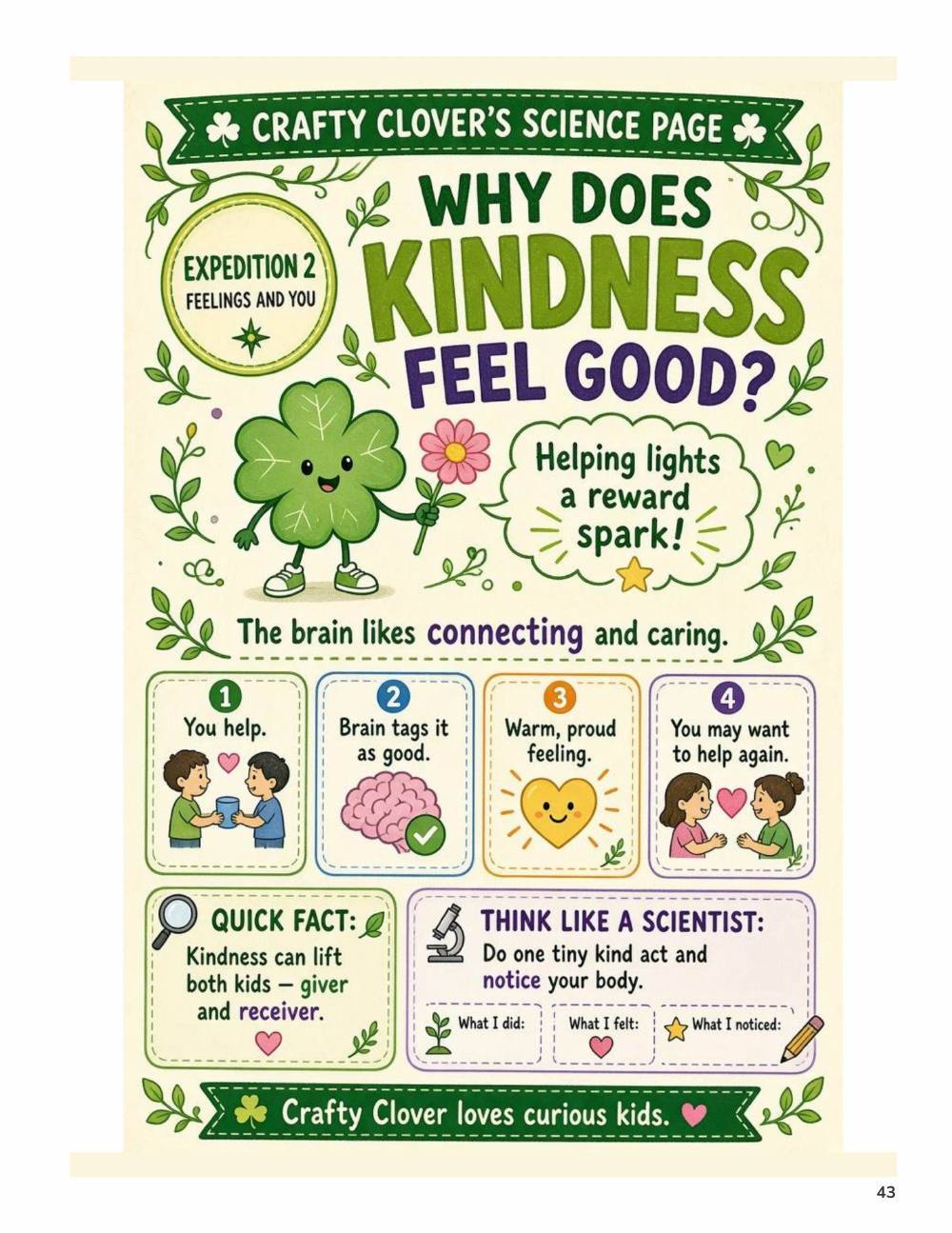 Illustrated page from A Million Whys Book 2 titled Why Does Kindness Feel Good, with Crafty Clover.