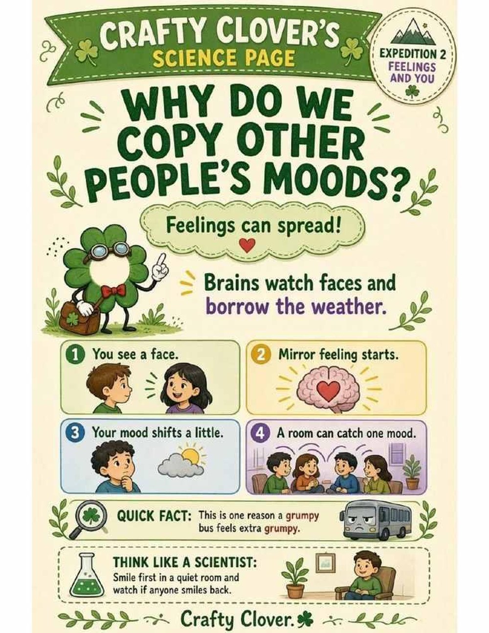 Illustrated page from A Million Whys Book 2 titled Why Do We Copy Other People's Moods, with Crafty Clover.
