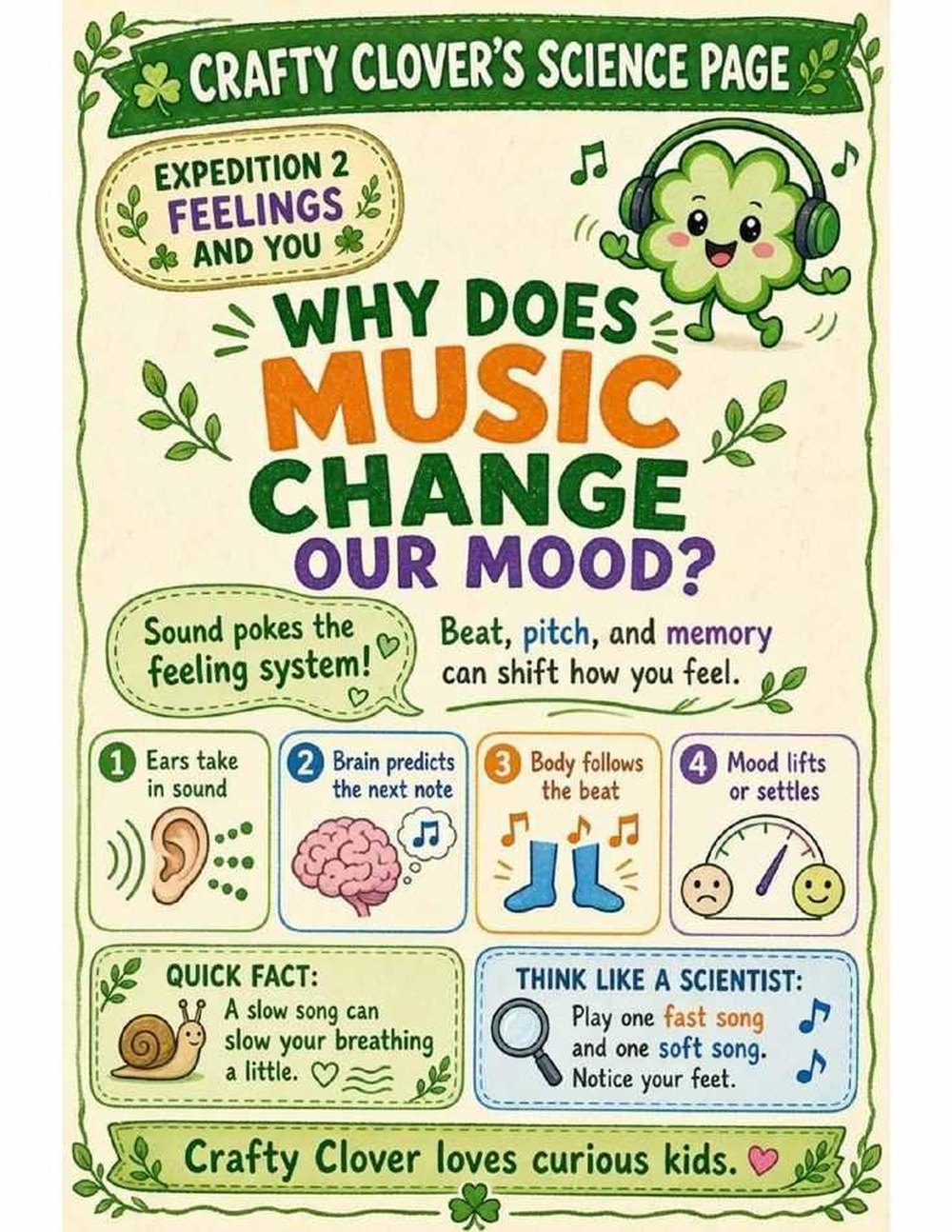 Illustrated page from A Million Whys Book 2 titled Why Does Music Change Our Mood, with Crafty Clover.