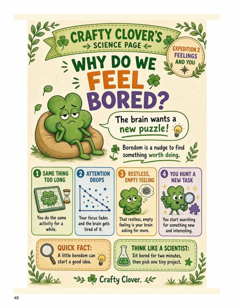 Illustrated page from A Million Whys Book 2 titled Why Do We Feel Bored, with Crafty Clover.