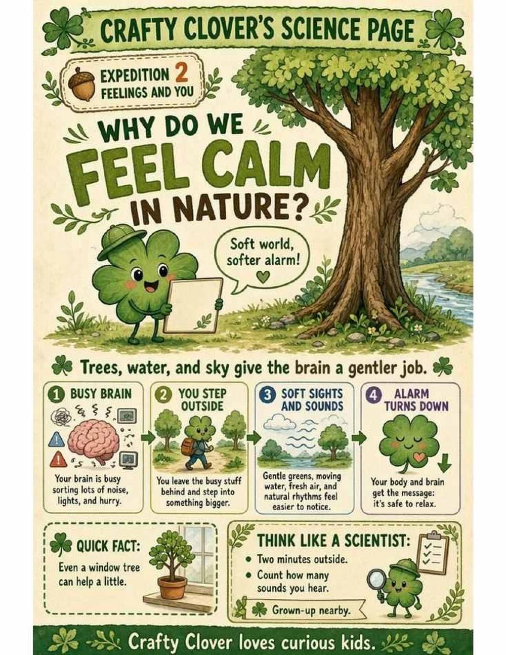 Illustrated page from A Million Whys Book 2 titled Why Do We Feel Calm in Nature, with Crafty Clover.