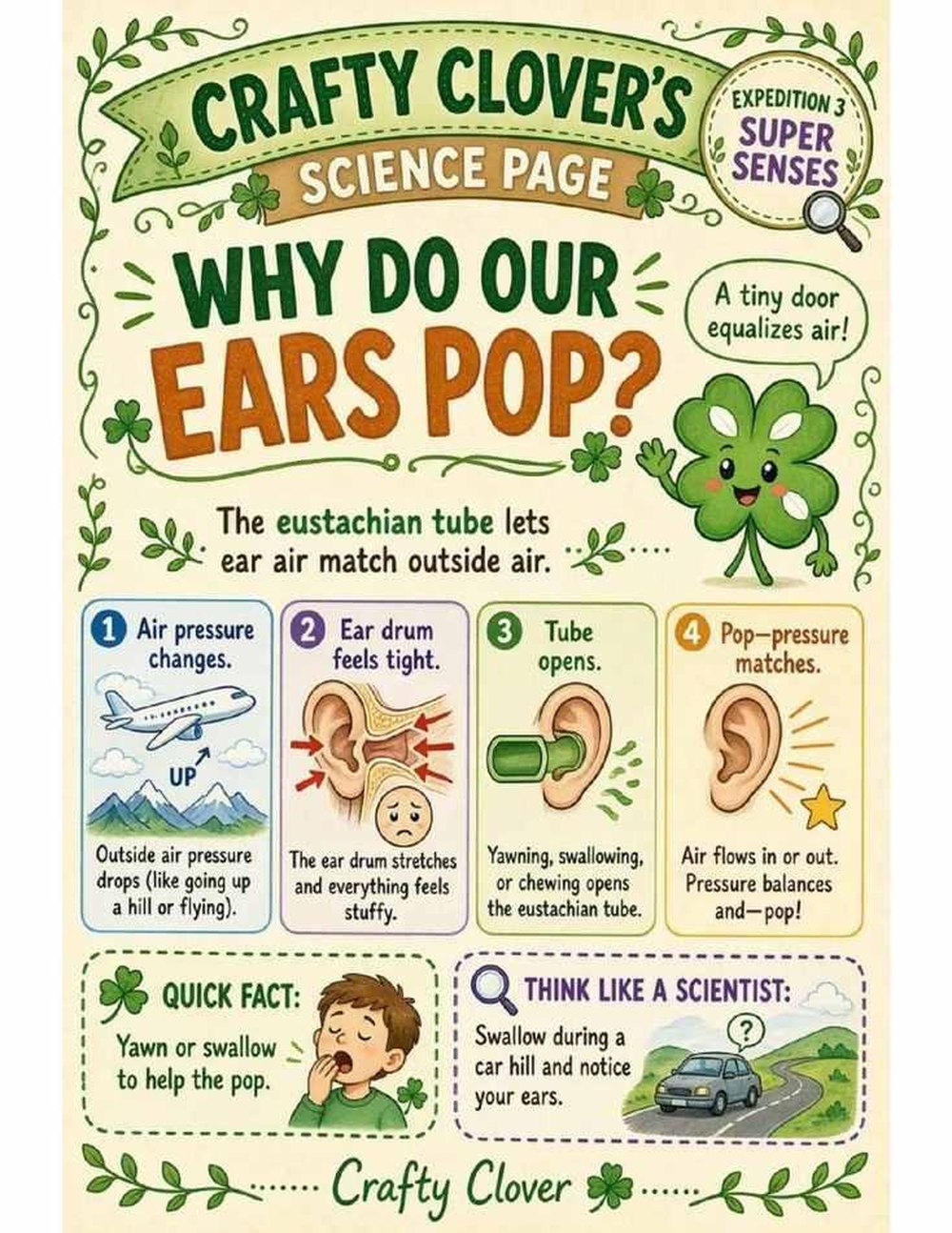 Illustrated page from A Million Whys Book 2 titled Why Do Our Ears Pop, with Crafty Clover.
