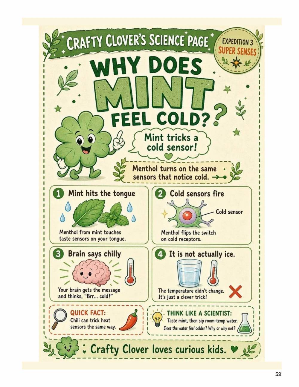 Illustrated page from A Million Whys Book 2 titled Why Does Mint Feel Cold, with Crafty Clover.