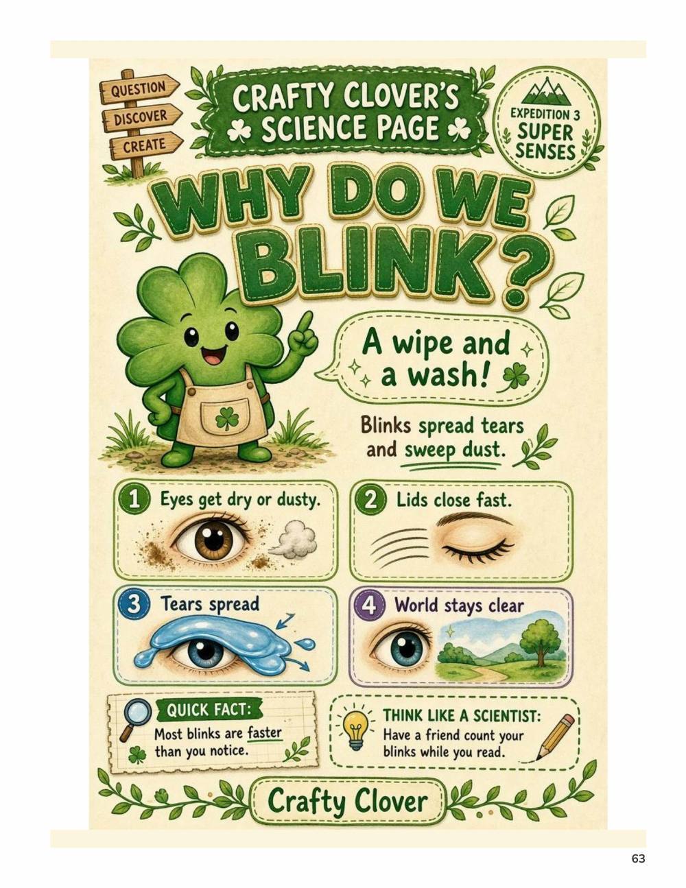 Illustrated page from A Million Whys Book 2 titled Why Do We Blink, with Crafty Clover.