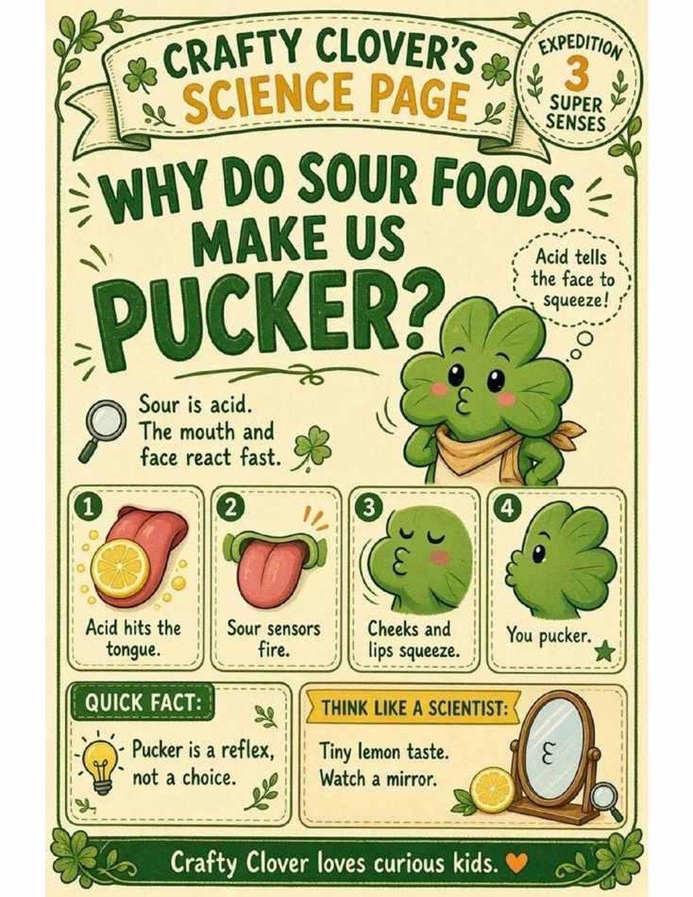 Illustrated page from A Million Whys Book 2 titled Why Do Sour Foods Make Us Pucker, with Crafty Clover.