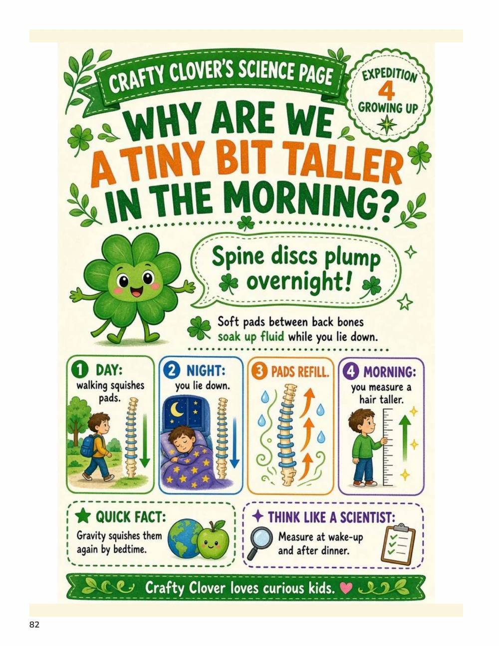 Illustrated page from A Million Whys Book 2 titled Why Are We a Tiny Bit Taller in the Morning, with Crafty Clover.