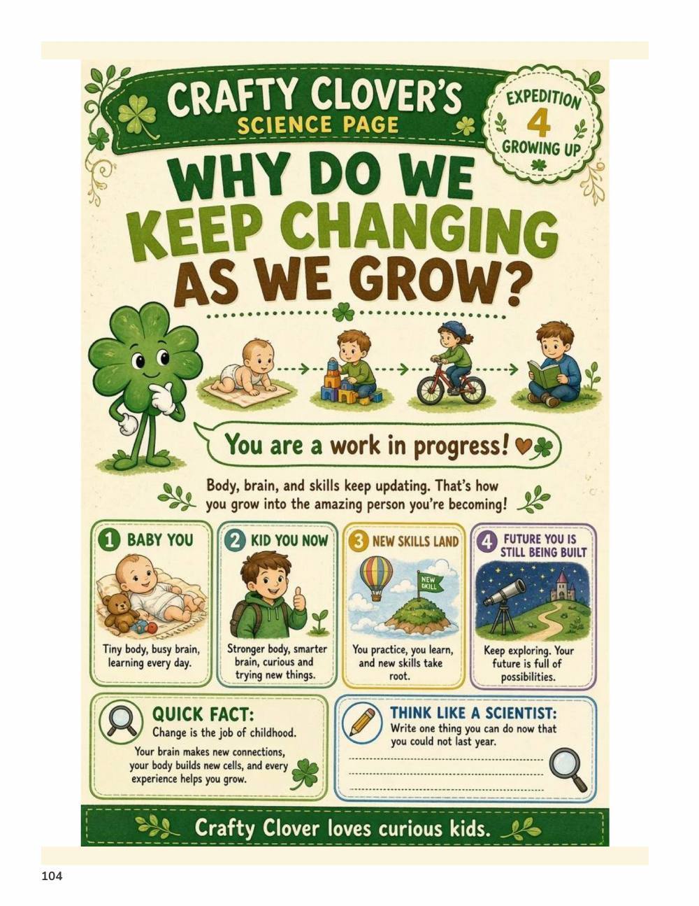 Illustrated page from A Million Whys Book 2 titled Why Do We Keep Changing as We Grow, with Crafty Clover.