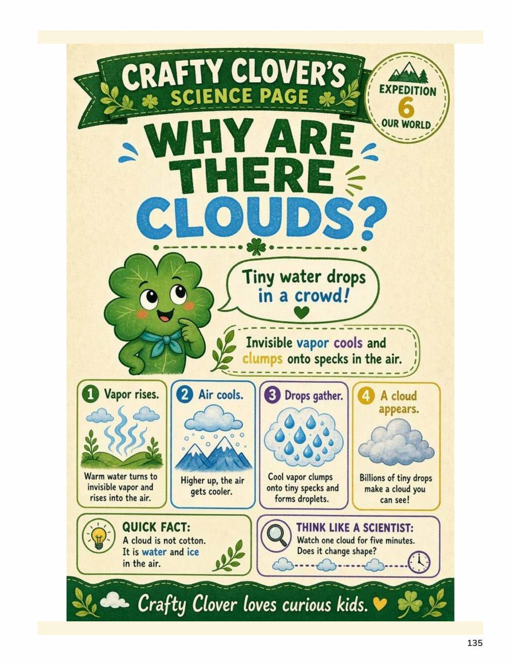 Illustrated page from A Million Whys Book 2 titled Why Are There Clouds, with Crafty Clover.