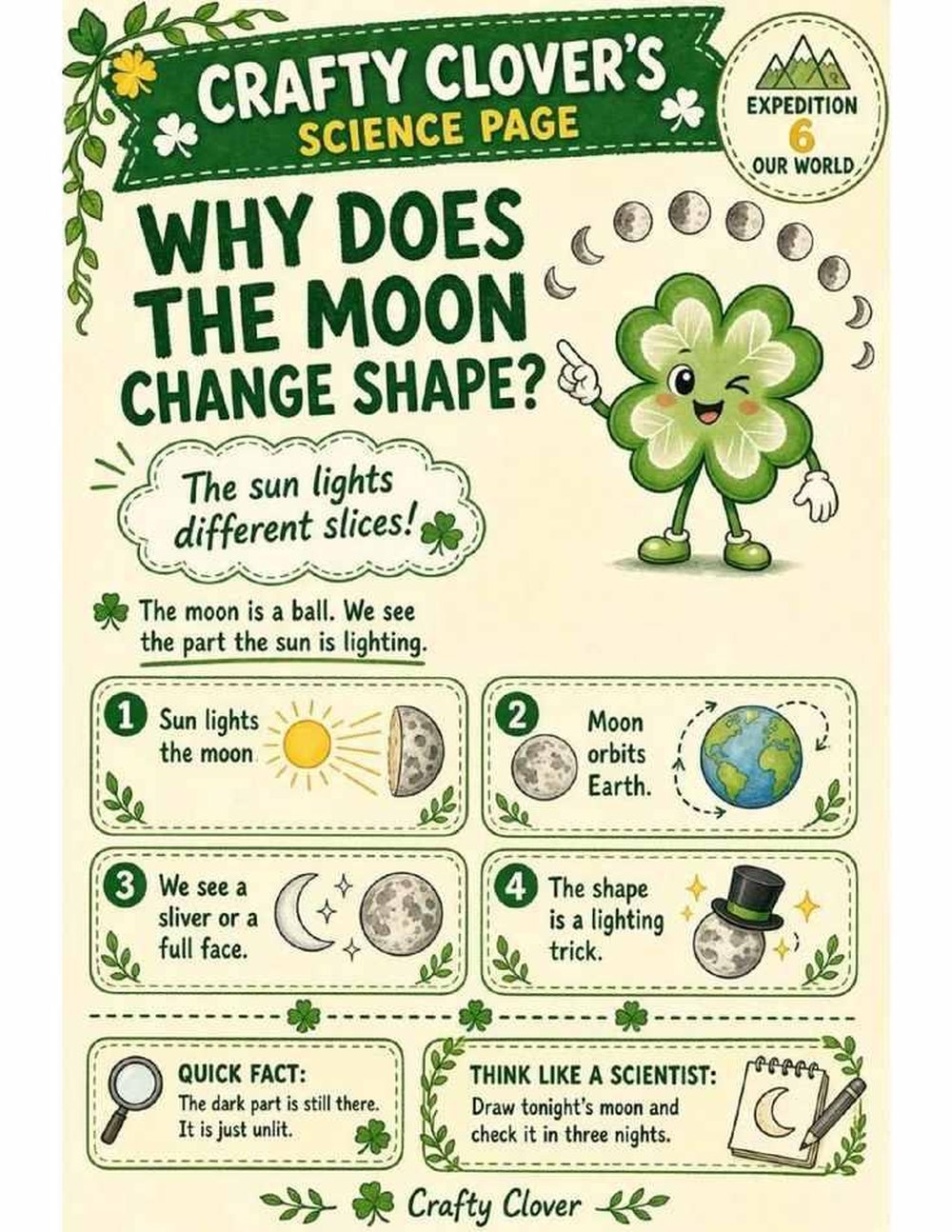 Illustrated page from A Million Whys Book 2 titled Why Does the Moon Change Shape, with Crafty Clover.