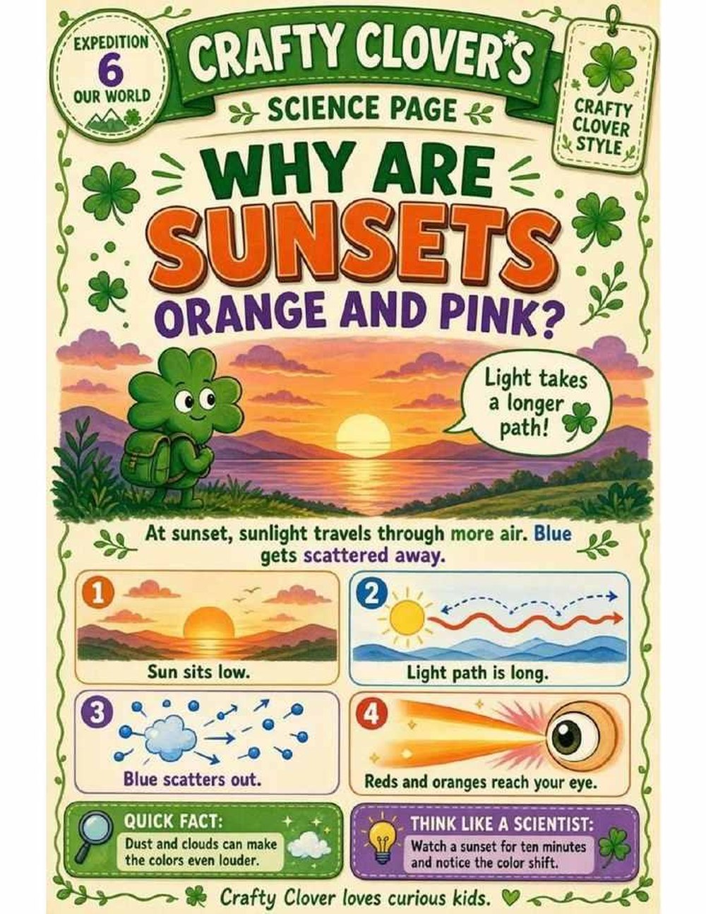 Illustrated page from A Million Whys Book 2 titled Why Are Sunsets Orange and Pink, with Crafty Clover.