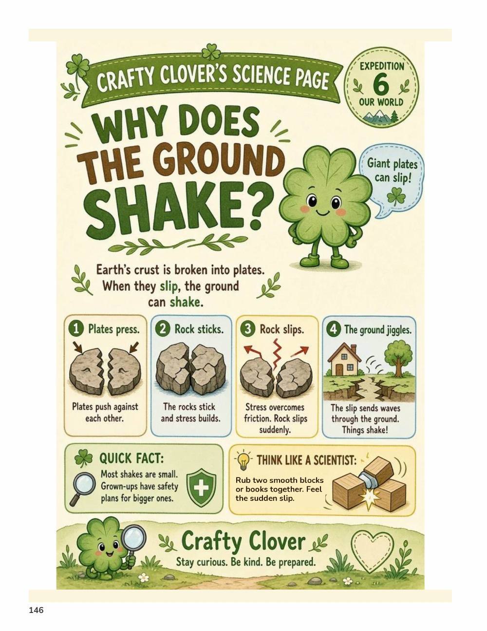 Illustrated page from A Million Whys Book 2 titled Why Does the Ground Shake, with Crafty Clover.