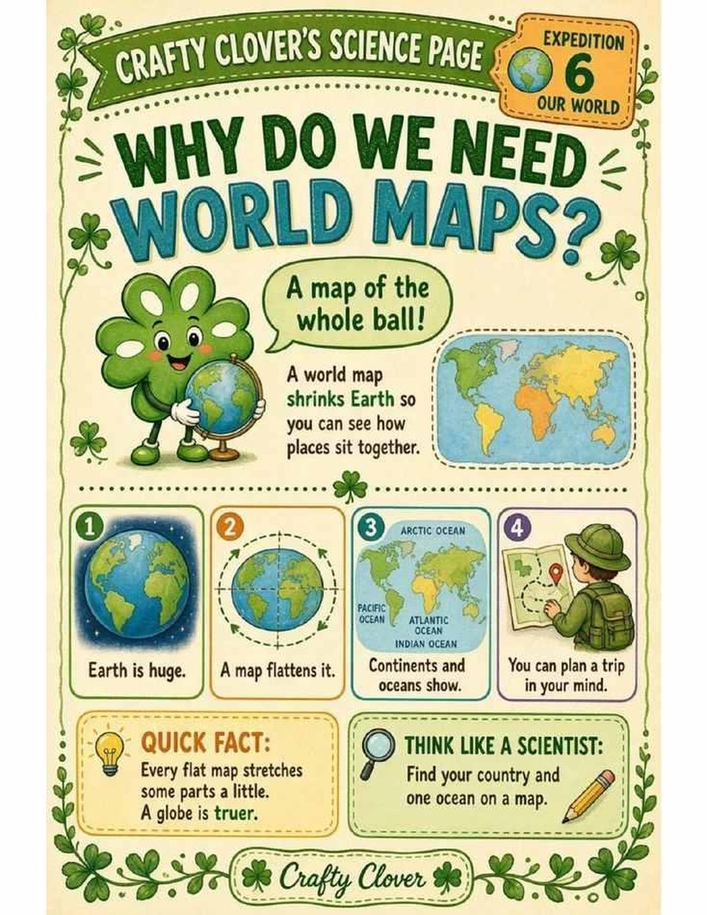 Illustrated page from A Million Whys Book 2 titled Why Do We Need World Maps, with Crafty Clover.