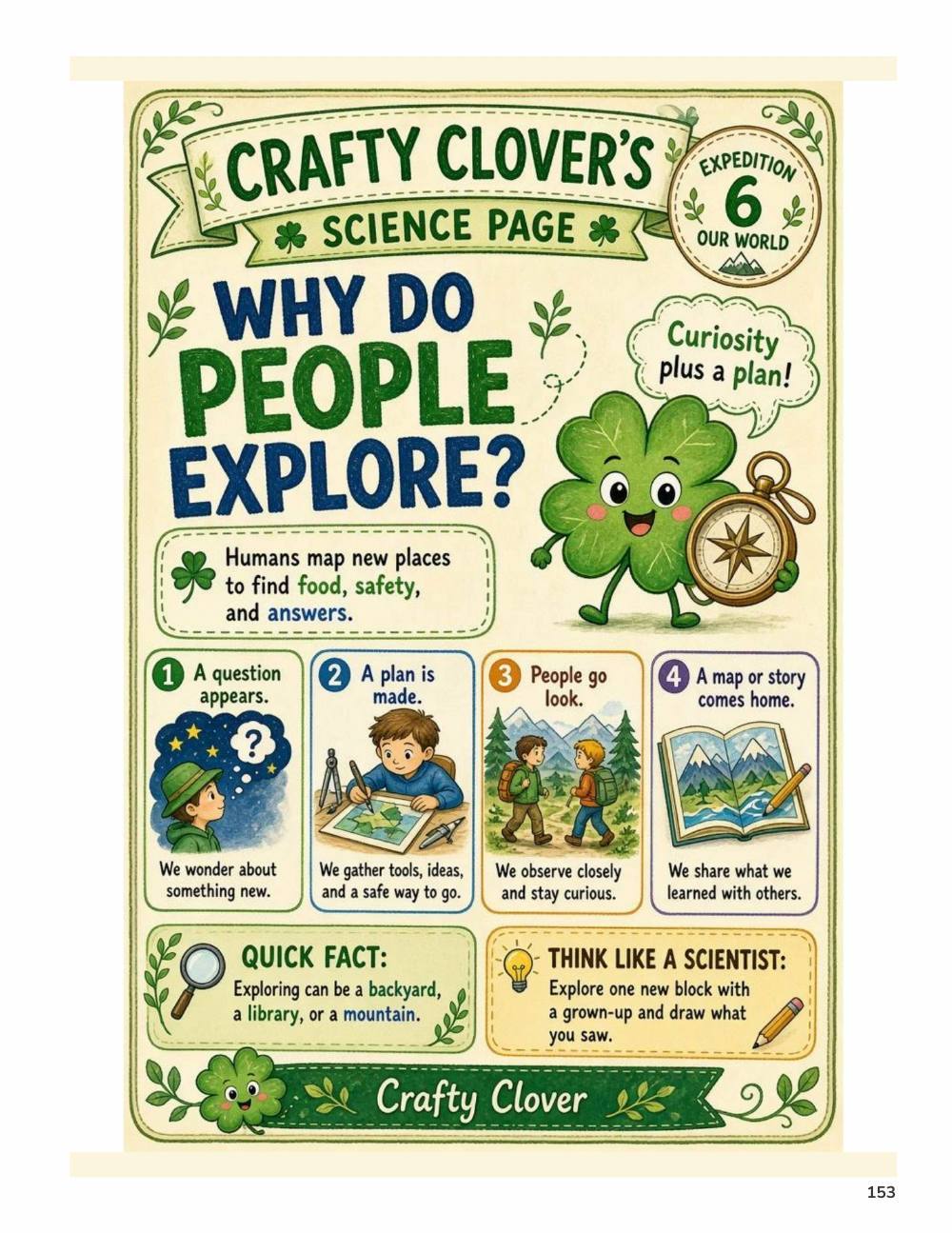 Illustrated page from A Million Whys Book 2 titled Why Do People Explore, with Crafty Clover.