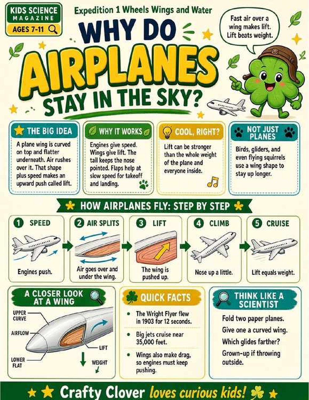 Illustrated page from A Million Whys Book 3 titled Why Do Airplanes Stay in the Sky, with Crafty Clover.