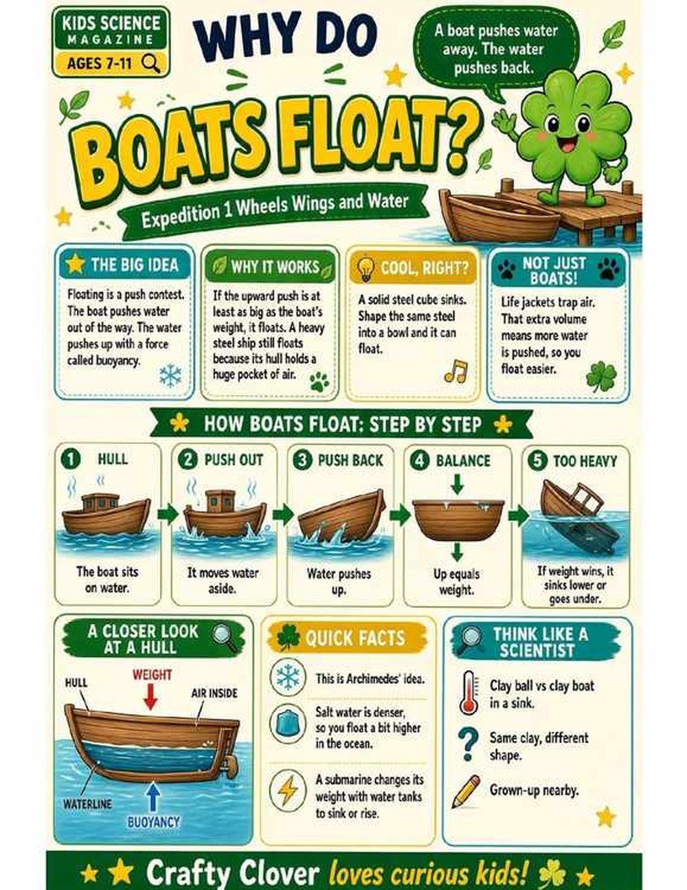 Illustrated page from A Million Whys Book 3 titled Why Do Boats Float, with Crafty Clover.