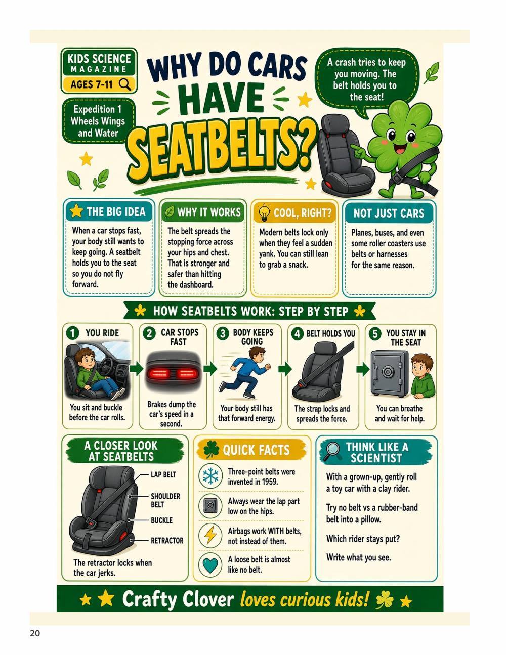 Illustrated page from A Million Whys Book 3 titled Why Do Cars Have Seatbelts, with Crafty Clover.