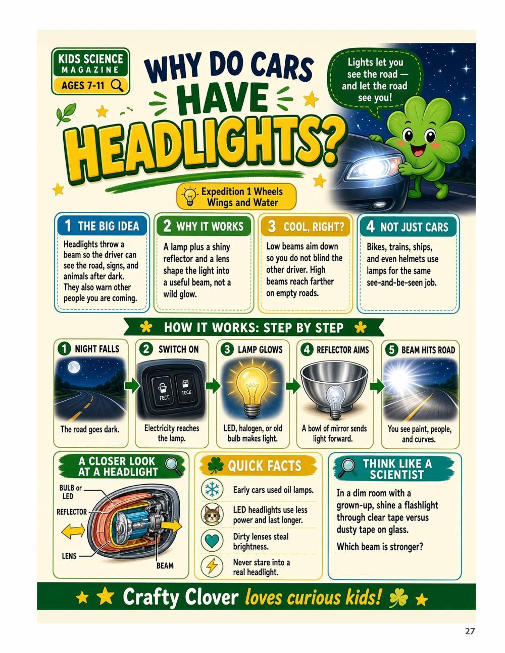 Illustrated page from A Million Whys Book 3 titled Why Do Cars Have Headlights, with Crafty Clover.