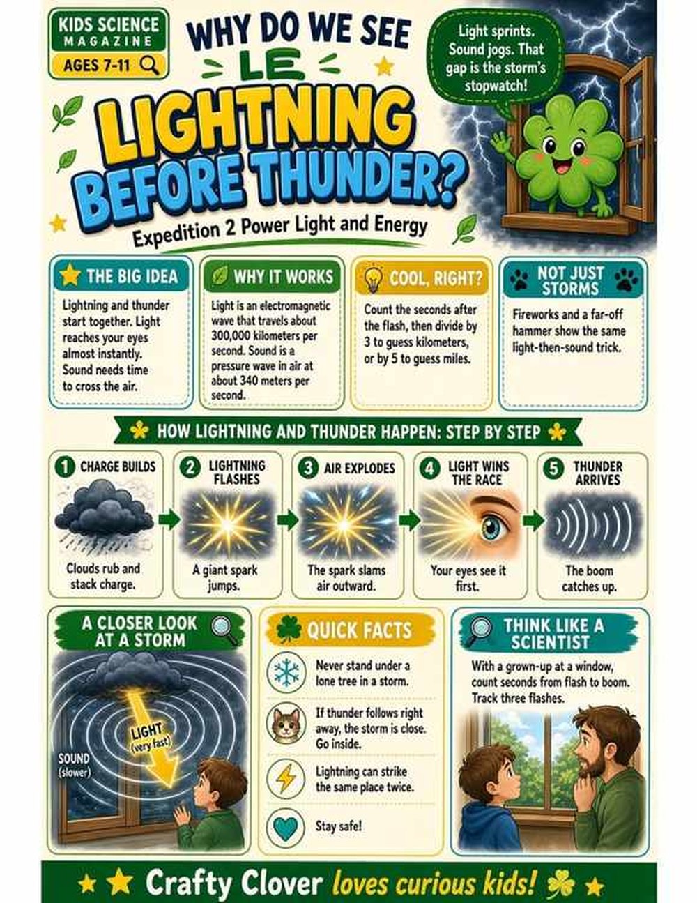 Illustrated page from A Million Whys Book 3 titled Why Do We See Lightning Before Thunder, with Crafty Clover.