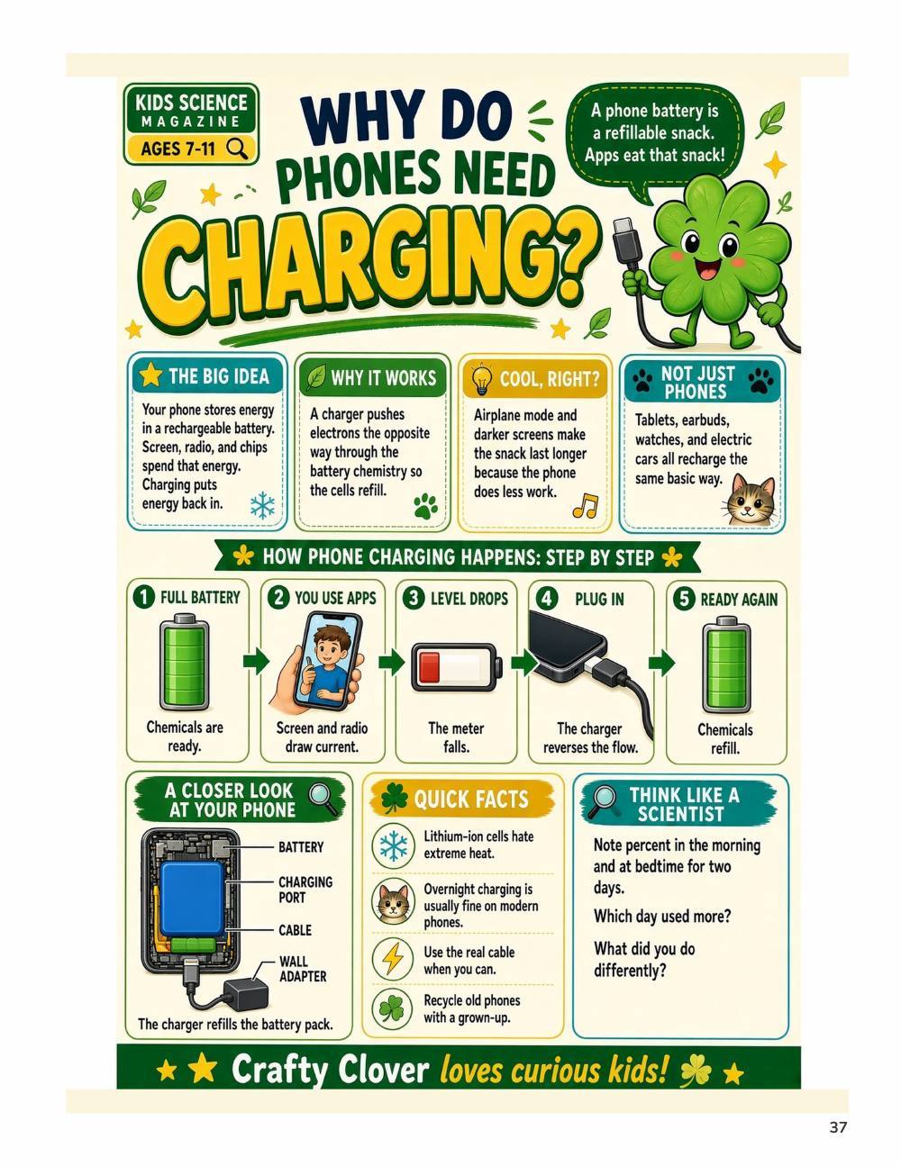 Illustrated page from A Million Whys Book 3 titled Why Do Phones Need Charging, with Crafty Clover.