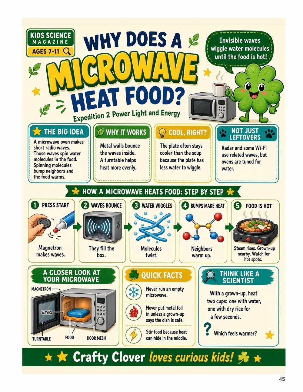 Illustrated page from A Million Whys Book 3 titled Why Does a Microwave Heat Food, with Crafty Clover.