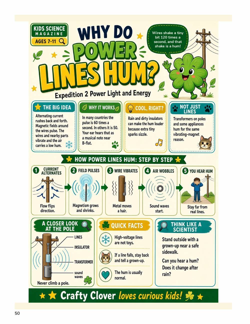 Illustrated page from A Million Whys Book 3 titled Why Do Power Lines Hum, with Crafty Clover.