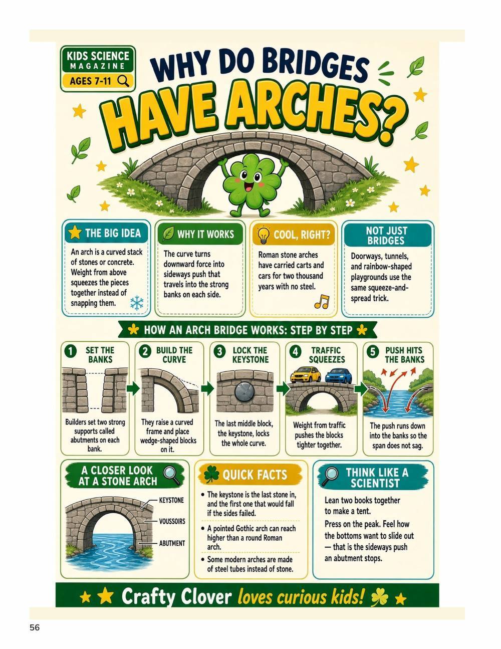 Illustrated page from A Million Whys Book 3 titled Why Do Bridges Have Arches, with Crafty Clover.