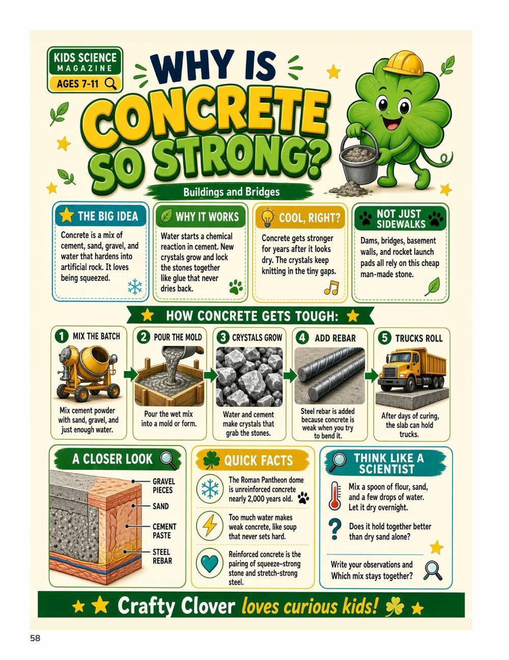 Illustrated page from A Million Whys Book 3 titled Why Is Concrete So Strong, with Crafty Clover.