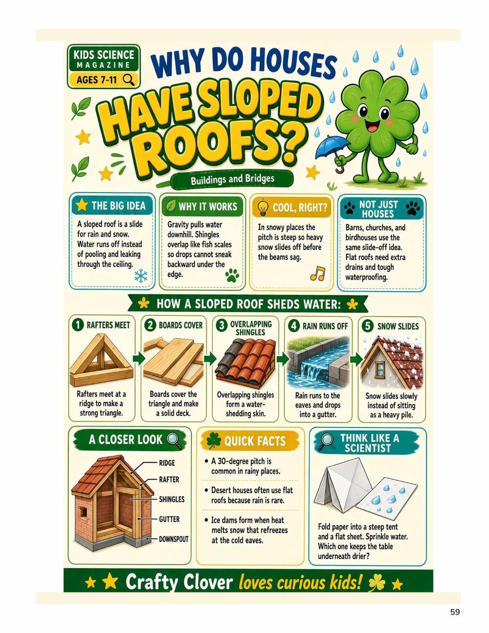 Illustrated page from A Million Whys Book 3 titled Why Do Houses Have Sloped Roofs, with Crafty Clover.