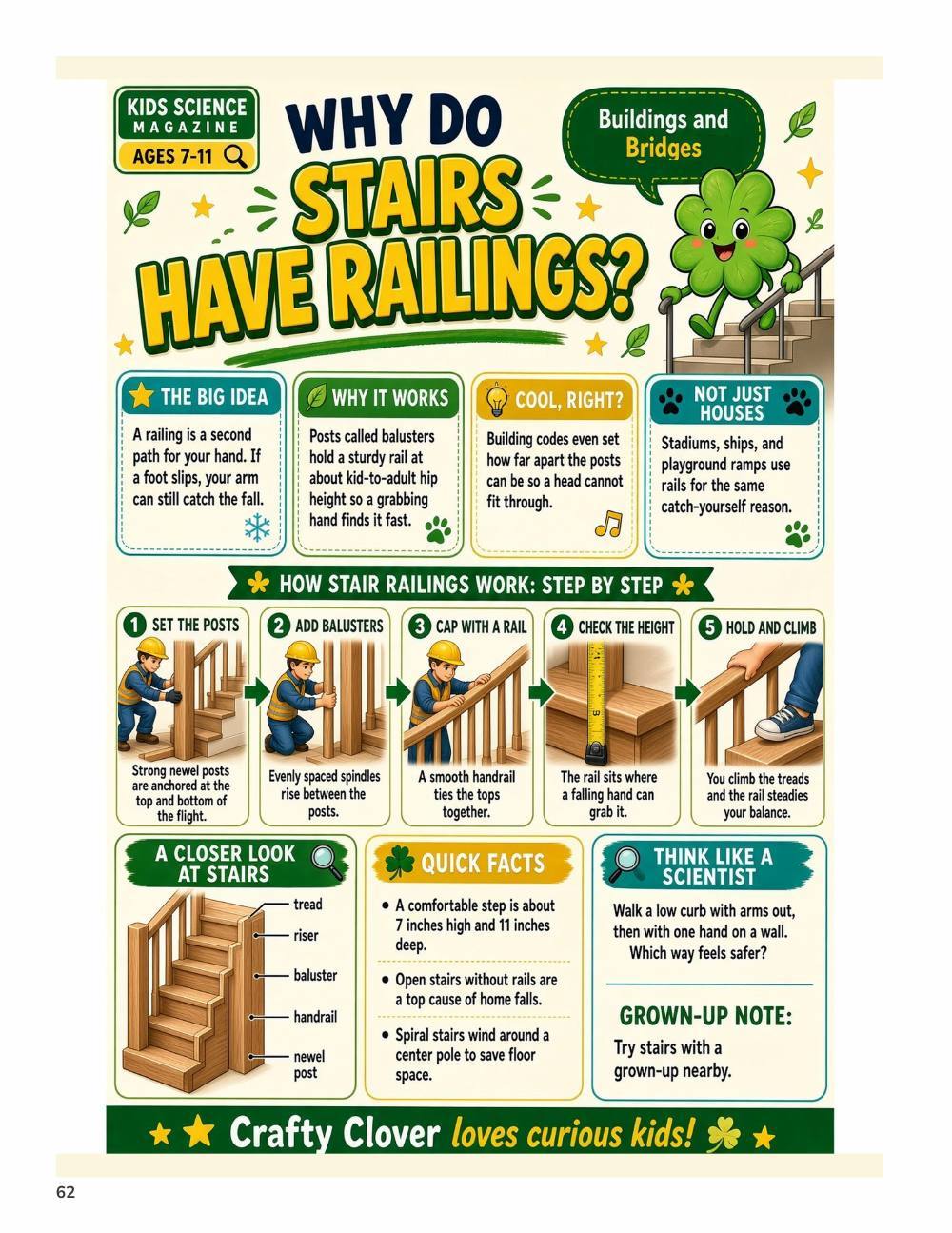 Illustrated page from A Million Whys Book 3 titled Why Do Stairs Have Railings, with Crafty Clover.