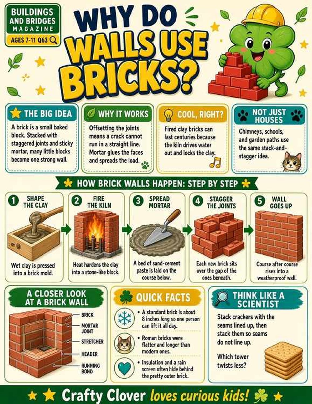 Illustrated page from A Million Whys Book 3 titled Why Do Walls Use Bricks, with Crafty Clover.