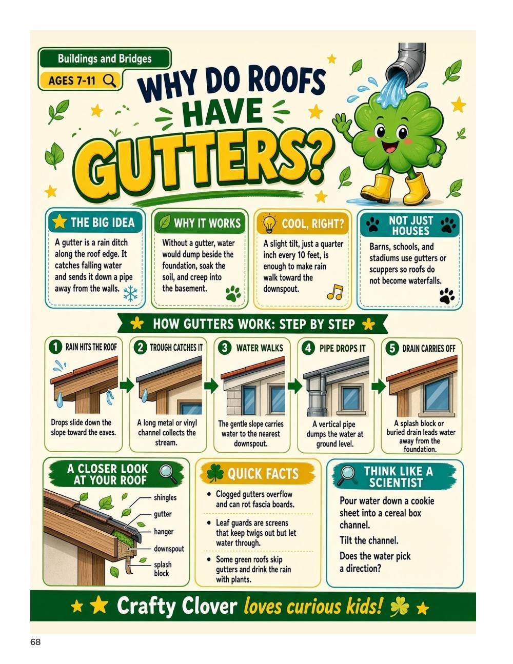 Illustrated page from A Million Whys Book 3 titled Why Do Roofs Have Gutters, with Crafty Clover.