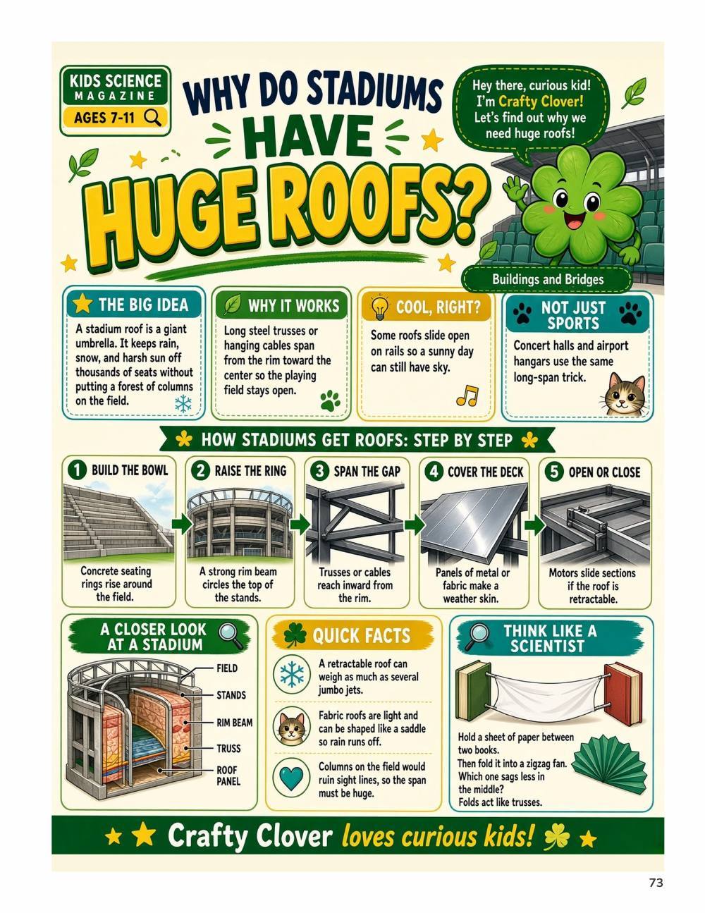 Illustrated page from A Million Whys Book 3 titled Why Do Stadiums Have Huge Roofs, with Crafty Clover.