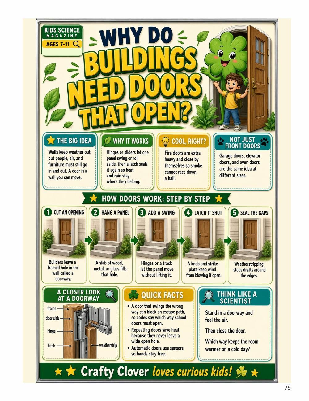 Illustrated page from A Million Whys Book 3 titled Why Do Buildings Need Doors That Open, with Crafty Clover.