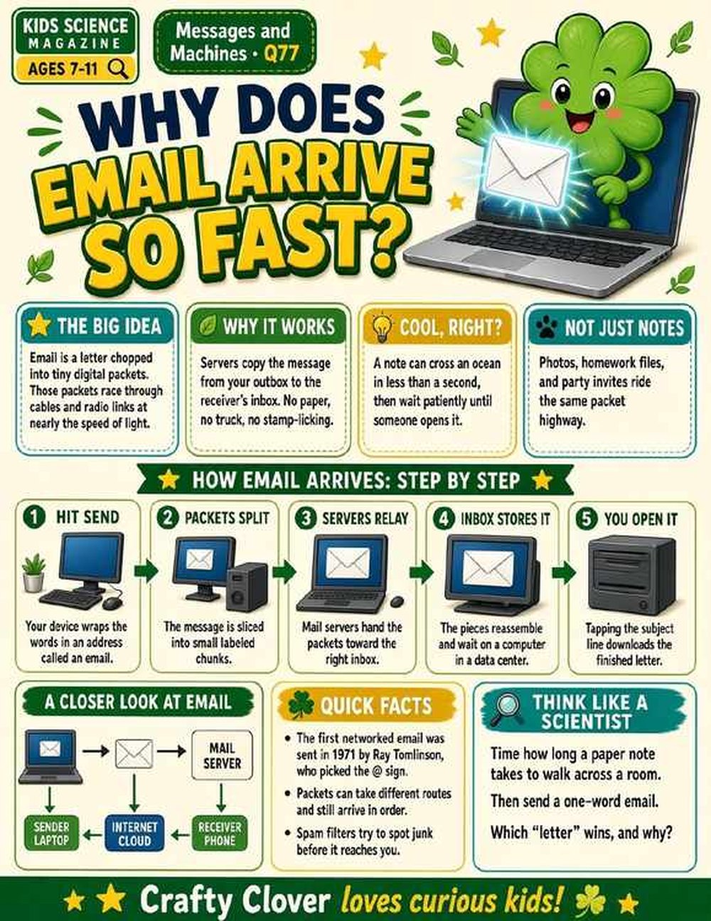 Illustrated page from A Million Whys Book 3 titled Why Does Email Arrive So Fast, with Crafty Clover.