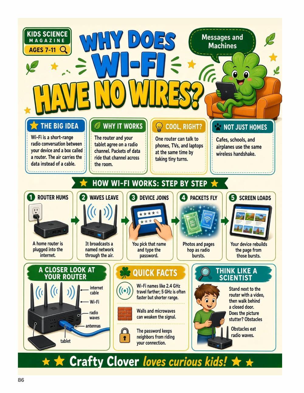 Illustrated page from A Million Whys Book 3 titled Why Does Wi-Fi Have No Wires, with Crafty Clover.