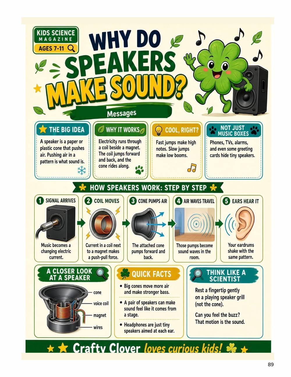 Illustrated page from A Million Whys Book 3 titled Why Do Speakers Make Sound, with Crafty Clover.