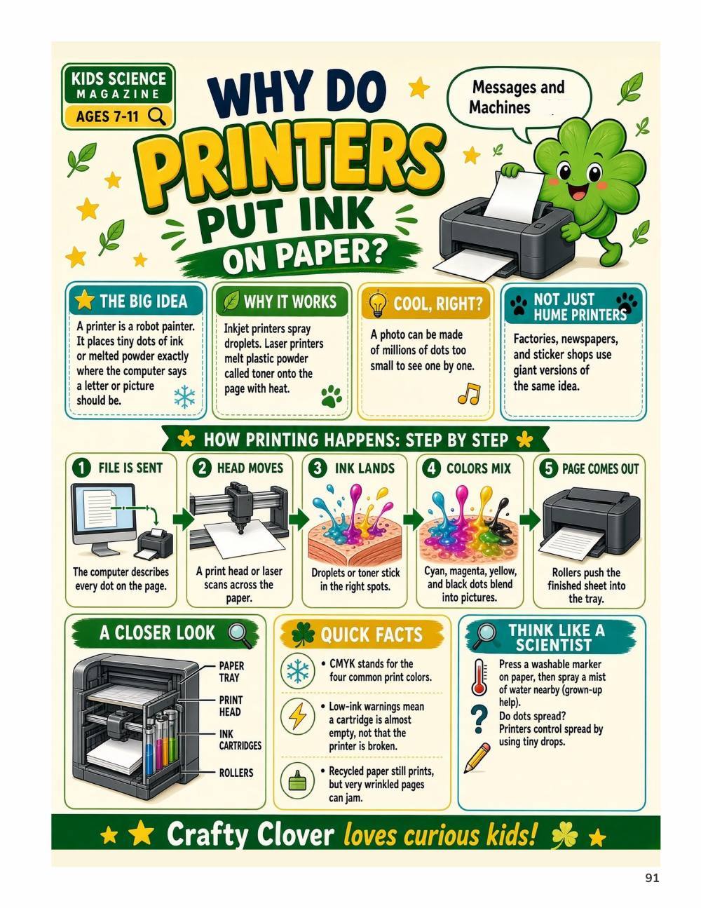 Illustrated page from A Million Whys Book 3 titled Why Do Printers Put Ink on Paper, with Crafty Clover.
