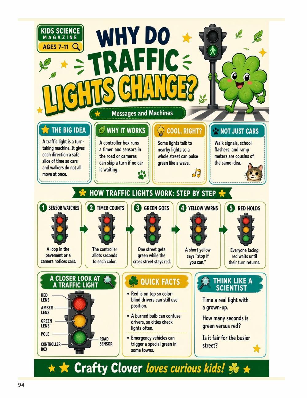 Illustrated page from A Million Whys Book 3 titled Why Do Traffic Lights Change, with Crafty Clover.