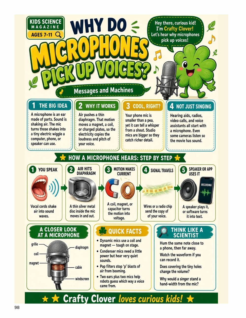 Illustrated page from A Million Whys Book 3 titled Why Do Microphones Pick Up Voices, with Crafty Clover.
