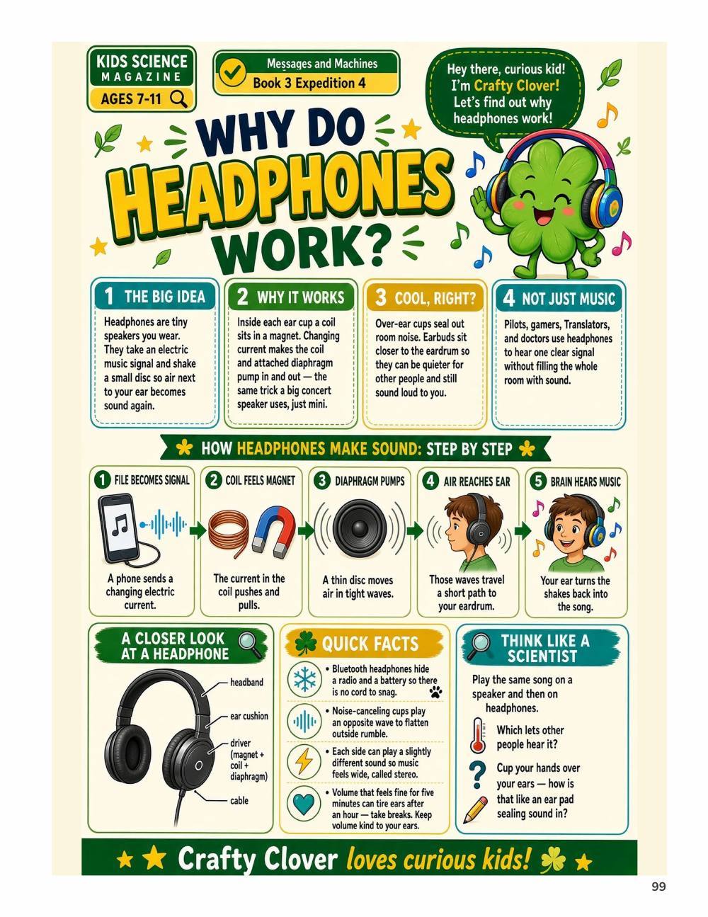 Illustrated page from A Million Whys Book 3 titled Why Do Headphones Work, with Crafty Clover.