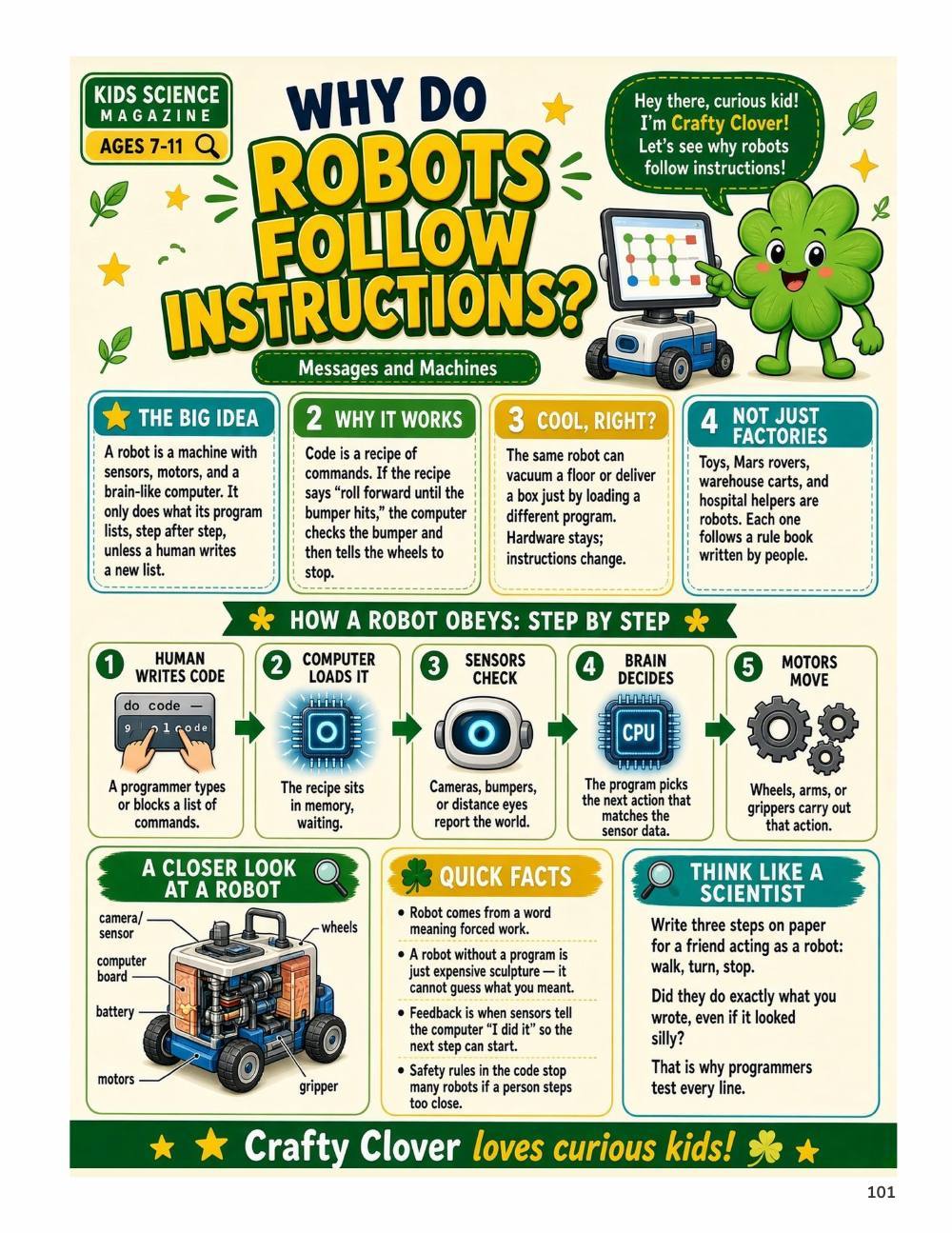 Illustrated page from A Million Whys Book 3 titled Why Do Robots Follow Instructions, with Crafty Clover.