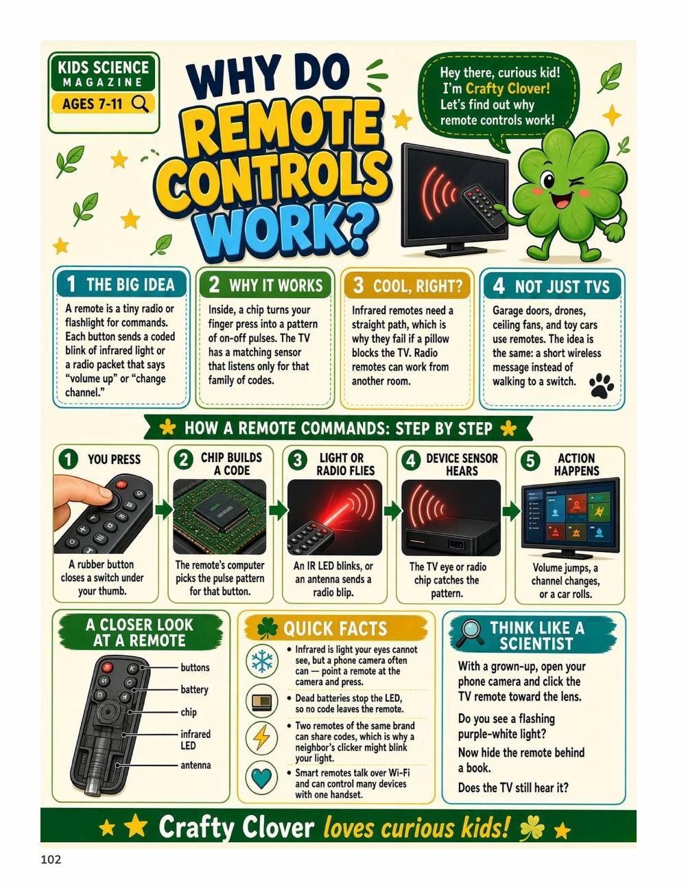 Illustrated page from A Million Whys Book 3 titled Why Do Remote Controls Work, with Crafty Clover.