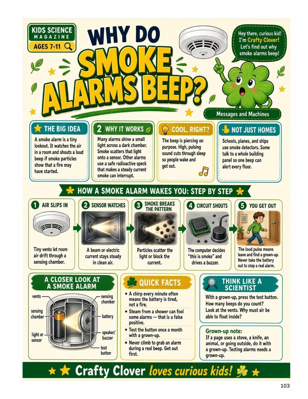 Illustrated page from A Million Whys Book 3 titled Why Do Smoke Alarms Beep, with Crafty Clover.