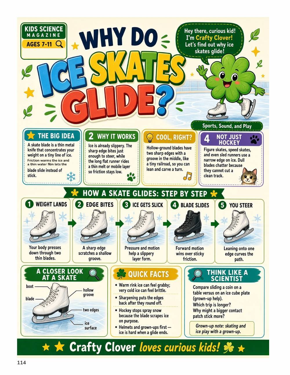 Illustrated page from A Million Whys Book 3 titled Why Do Ice Skates Glide, with Crafty Clover.