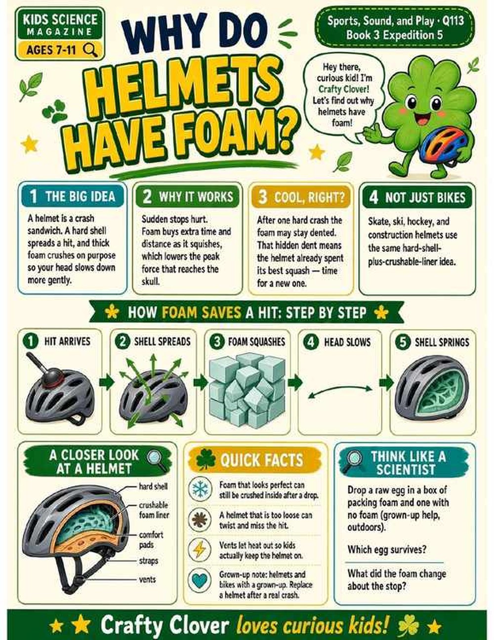 Illustrated page from A Million Whys Book 3 titled Why Do Helmets Have Foam, with Crafty Clover.
