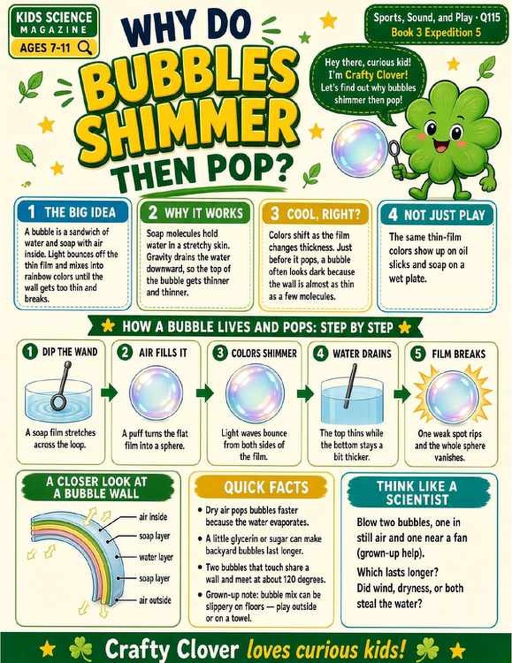 Illustrated page from A Million Whys Book 3 titled Why Do Bubbles Shimmer Then Pop, with Crafty Clover.